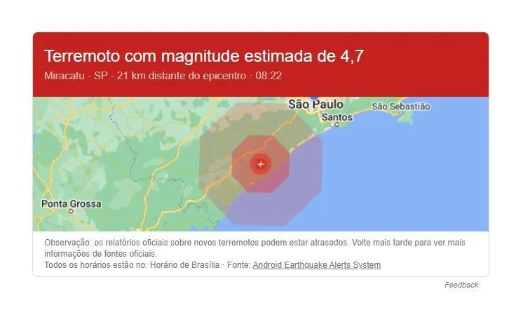 Terremoto é sentido em regiões litorâneas de São Paulo